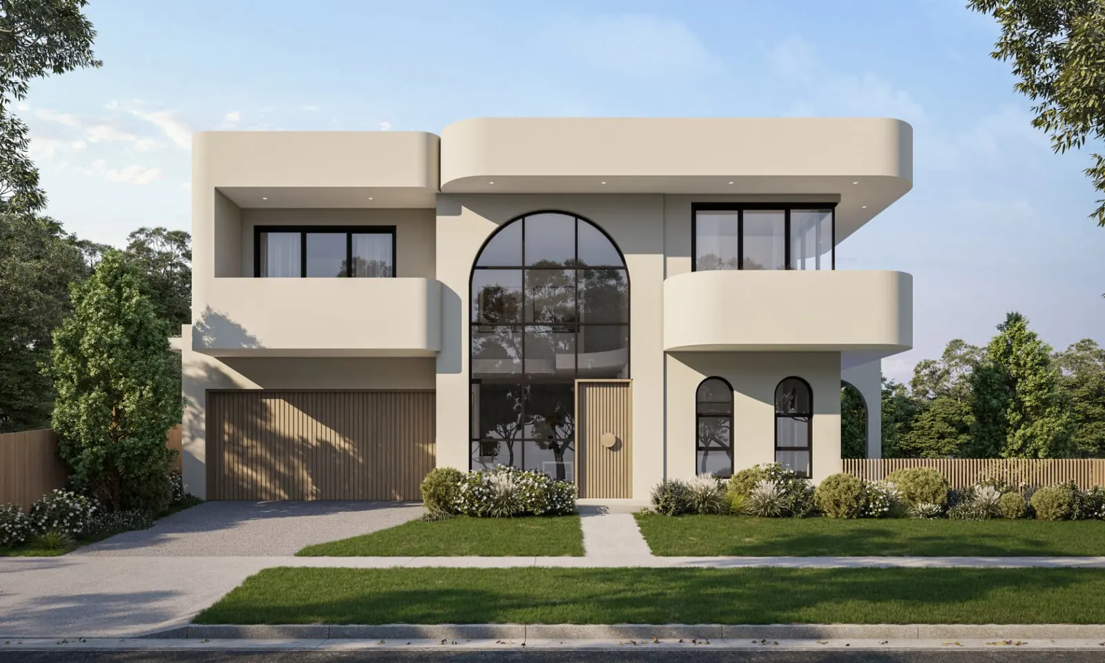 Architectural render of the first Maroubra home with curved facade, arched glazing and double garage